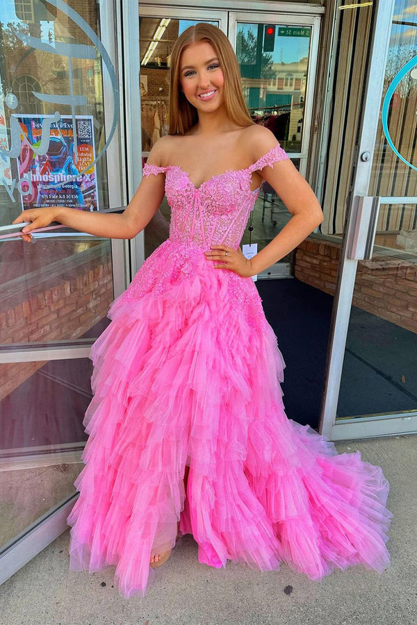 Luolandi A Line Off-the-Shoulder Ruffle Tulle Long Prom Dress with Appliques Beautiful